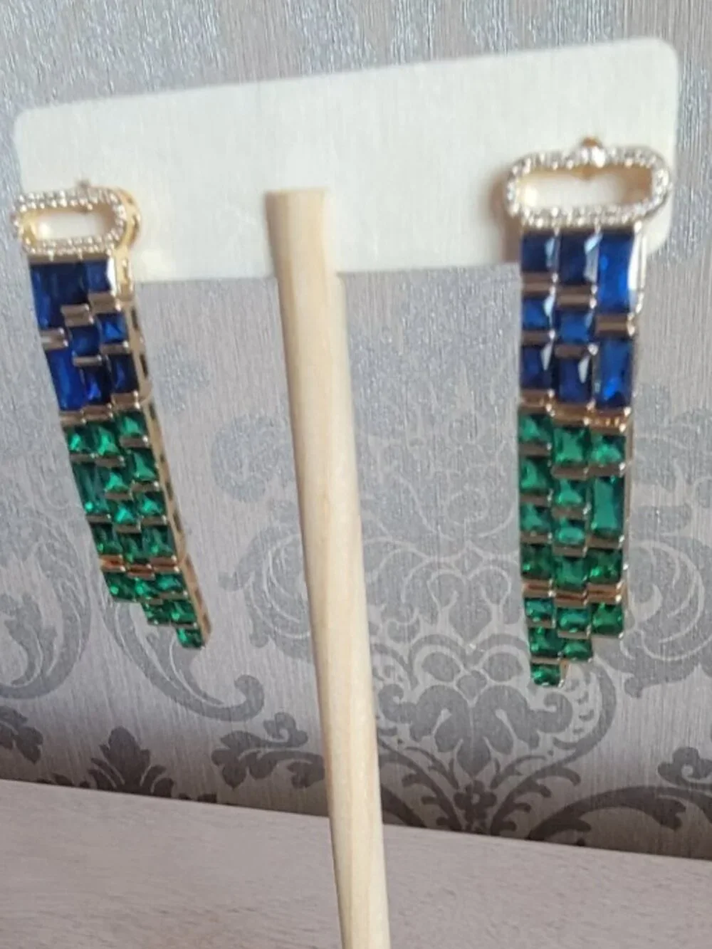 Blue and Green Glass, Simulated Diamond Earrings in Gold Tone